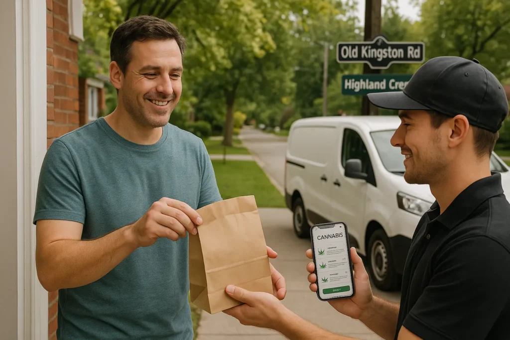 Customer receives cannabis delivery in Highland Creek from courier holding order screen on phone