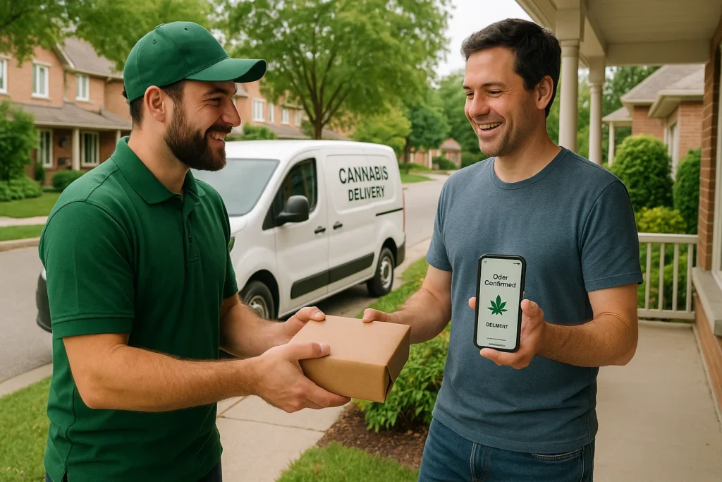 Customer confirms cannabis order on phone while receiving package from delivery driver