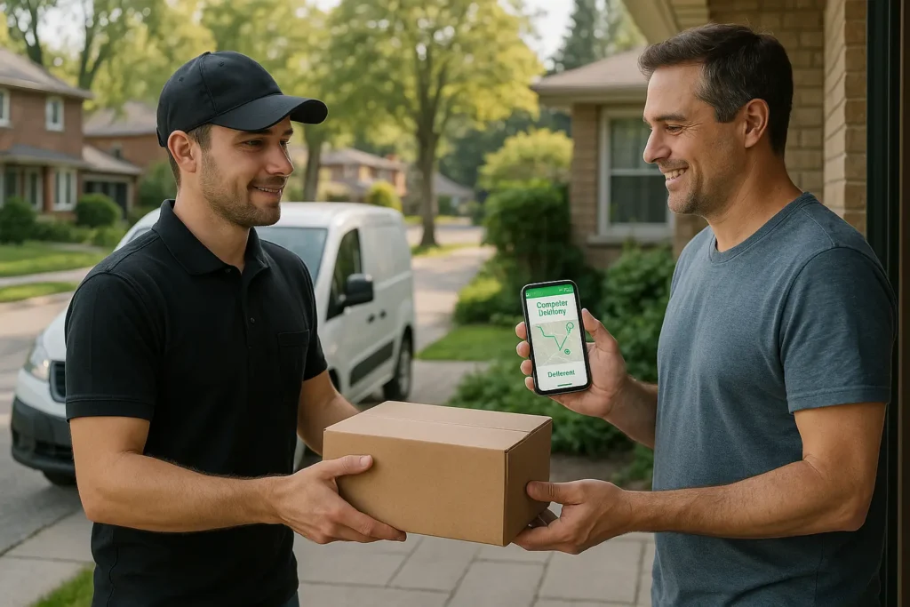Customer receives package while showing delivery tracking app on phone to courier